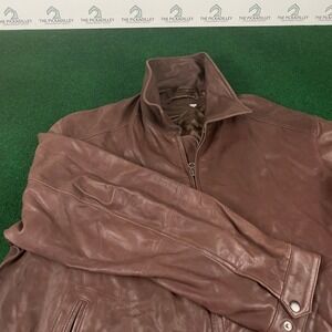Prestige Sport Brown‎ Leather Zip Up Jacket Mens XL Collared Casual Outerwear